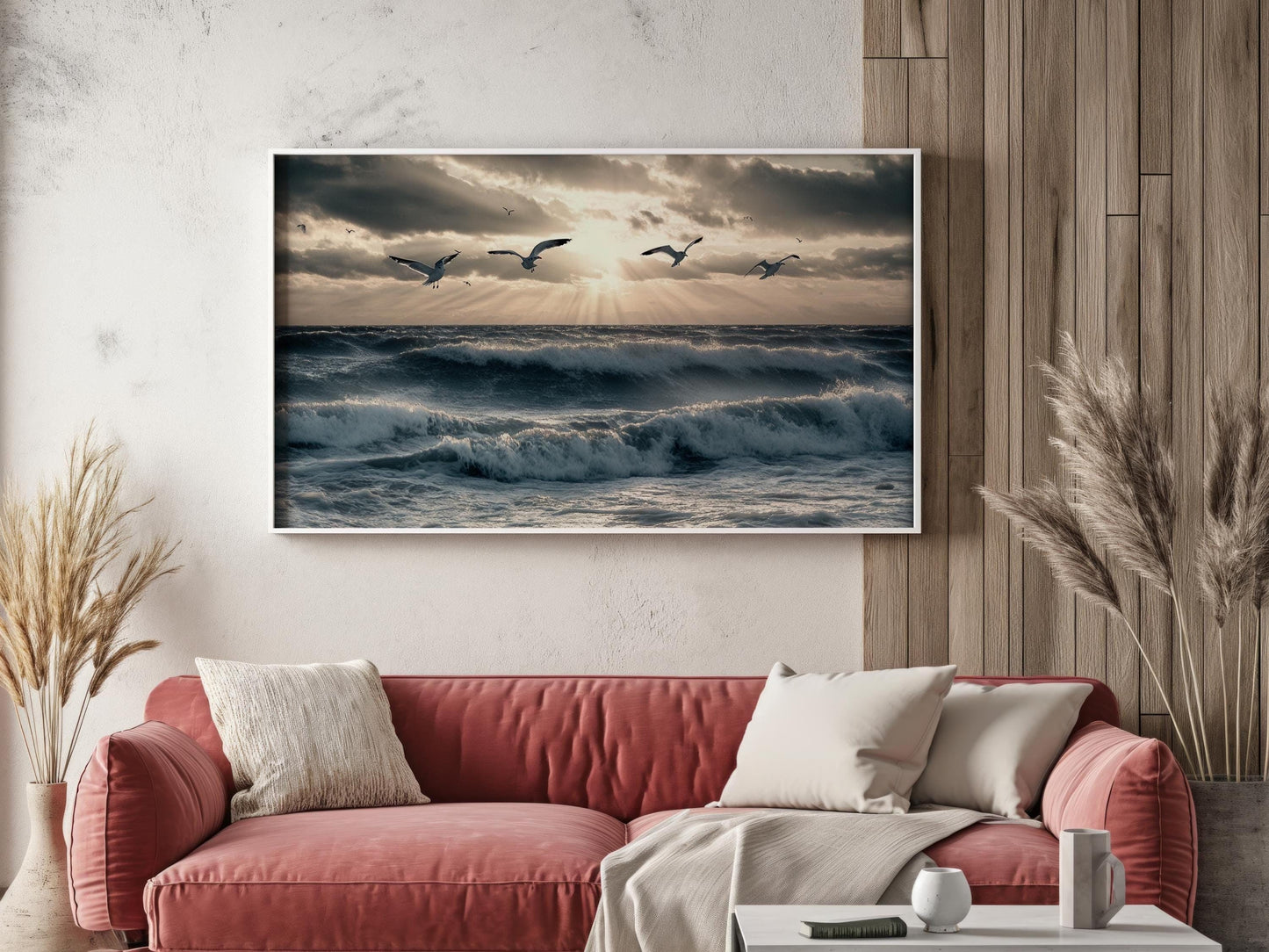 Serene Ocean Waves with Flying Seagulls, Sun Rays Through Clouds, Coastal Photography Art, Tranquil Nature Wall Decor for Modern Interiors